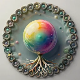 circular border with curly symmetrical designs colorful sphere, concept art, nature, fractals, depth of field, roots, fluid simulation in houdini, subsurface scattering, volumetric, very detailed, trending on artstation, rendered in octane, cgsociety