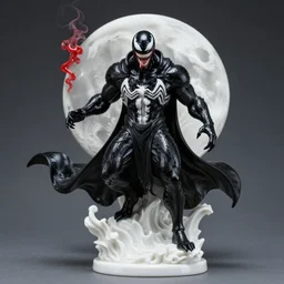 venom lord sculptor, black paint on white porcelain, leather cloak, red smoke, intricate, wet plastic, levitating, moon, style of alex stoddard, 8 k