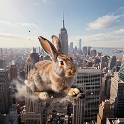 a rabbit destroying the city of new york, photorealistic render, unreal engine, 4k ultra hd, wide angle, breathtaking photography