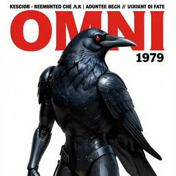 1979 OMNI Magazine Cover of a humanoid raven rogue. in cyberpunk style by Vincent Di Fate