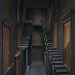 a dark hallway with many doors and many stairs, Mc Escher architecture, epic composition, by Makoto Shinkai