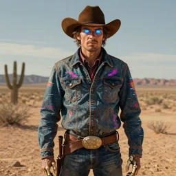 portrait of an electric cowboy wearing pulsating western clothes , glitch desert, concept art, static eyes, bony hands , ArtstationHQ, highly detailed portrait, hyper-realism, digital painting,