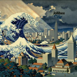Jollibee City, cityscape, wide shot, illustration, by Moebius, Renoir, Hokusai
