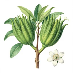 victorian botanical illustration of Buddha hand fruit, tree , flower, very detailled
