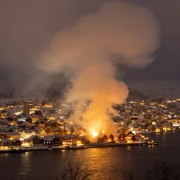 the city of longyearbyen on fire, night, smoke, blizzard, flames,