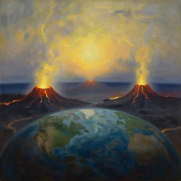 a young earth, filled with volcanos, lava, glowing sky and a very thin atmosphere. water is just starting to form. in the style of hudson river school of art, oil on canvas