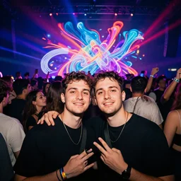 in the front 2 friends partying looking at the camera, in the back a huge crowd and neon art, abstract