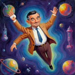 psychedelic painting of mr bean floating in space