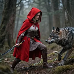 red riding hood warrior fending off a werewolf