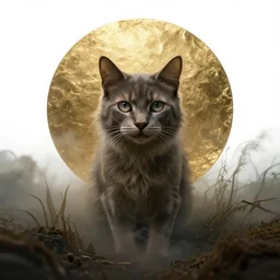 a mystical cat!! standing in a windy murky underwater garden! with a beautiful symmetrical face!!! large gold metallic foil circle in the background, smooth, sharp focus, cinematic lightning, murky dusty deep, smoky eyes, isolated, studio lighting by artgerm yuri shwedoff and tom bagshaw