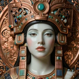 face centered portrait, artwork by james jean, hyperdetailed realistic smooth polished porcelain, beautiful mayan queen, jean delville, art nouveau, gustav klimt, ornate copper patina gothic icon, james jean, ultrasharp hyperdetailed photorealistic octane render
