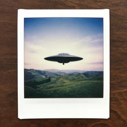 a color polaroid photo of a UAP in sky hovering over green hills, realistic, 4k, trending, high quality, photo journalism, photography, cinematic, national geographic photoshoot