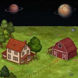 next to a farm house and a barn, with foot prints leading to the barn, on a remote planet, from a space themed point and click 2 d graphic adventure game, detailed, set design inspired by hg giger, art inspired by thomas kinkade