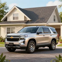 an suv inspired by a 2 0 2 2 chevrolet tahoe and 2 0 2 2 ford explorer parked in front of a house, a digital rendering by the family circus, trending on cg society, regionalism, ue 5, rendered in unreal engine, ultrafine detail