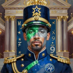 facial portrait of the throneroom of the minnesota timberwolves, 1 8 8 9, in full military decoration, midnight blue, aurora green, lake blue, moonlight grey, oil on canvas by william sidney mount, trending on artstation