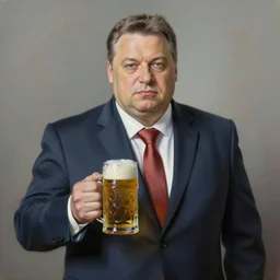 viktor orban with a beer, anatomically correct, oil painting, hyper realistic, 8 k, highly detailed