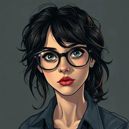 a nerdy young woman with big glasses, portrait, wide shot, moody light, dark colors, illustration, pop art, splash painting, graphic novel, art by geof darrow, ashley wood, alphonse mucha