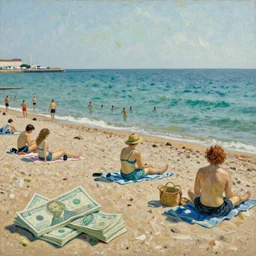 A sunny day by the sea in Brighton lots of people swimming and sunbathing painted in the style of money and van Gogh
