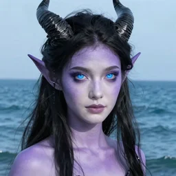 a portrait of tiefling bard, light purple skin, bright blue eyes, black hair, black horns pointed upward, ocean in the background, stunning digital art 4 k