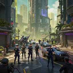 cyberpunk style city, many police, 8 k, cg, sunlight, cinematic, highly detailed, ultra detailed, trending on artstation, unreal engine, zbrush by friendly robot