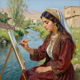 beautiful painting by sophie anderson of a beautiful young kurdish girl painting by a river in a kurdish village, she is painting the river, award winning art, insanely detailed