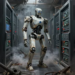 gloomy ruined server room in datacenter painting concept art of half - body robot, sharp focus, smoke, artillery, pacing, computers, racks, motherboard, by pascal blanche rutkowski artstation detailed matte painting, 4 k resolution