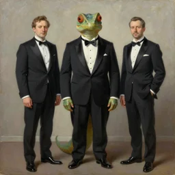 portrait of an anthropomorphic reptilian wearing a black tuxedo, oil on canvas, full shot, by greg rutkowsky and ivan shishkin