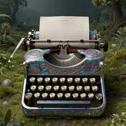 ancient giant iridescent typewriter in desolate and lush landscape, moody, :: by James Jean, Jeff Koons, Dan McPharlin, Daniel Merrian :: ornate, dynamic, particulate, rich colors, intricate, elegant, highly detailed, centered, artstation, smooth, sharp focus, octane render, 3d