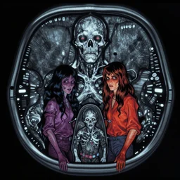 mri image of a creepy family in the deep space scanner, by richard corben, rich deep colors. masterpiece. intricate artwork, very coherent symmetrical artwork, cinematic, hyper realism, high detail, octane render, unreal engine, 8 k, vibrant colors, smooth gradients, high contrast, depth of field. by katsuhiro otomo, full body character drawing, clean ink detailed line drawing, intricate detail, extremely detailed.