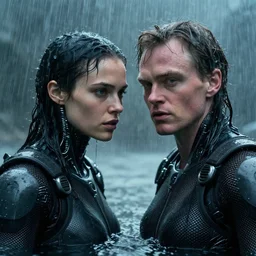 cinestill 5 0 d candid action photographic portrait by christopher nolan of two loving female androids wearing rugged black mesh techwear in treacherous waters, extreme closeup, modern cyberpunk retrofuturism moody emotional cinematic, pouring iridescent rain, 8 k, hd, high resolution, 3 5 mm, f / 3 2, motion blur, ultra realistic faces, ex machina