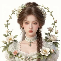 centered detailed front view portrait of a victorian beautiful woman with ornate flowers growing around, inside a vine frame ornamentation, flowers, elegant, dark and gothic, full frame, art by kay nielsen and walter crane, illustration style, watercolor