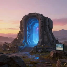futuristic fantasy with chrono distortions and blue portal, at gentle dawn pink - yellow light, mtg style, mtg art