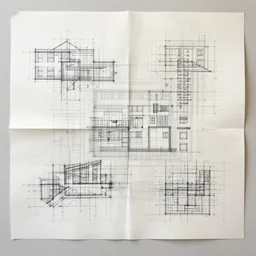 An artwork made from layers of technical drawings and architectural plans