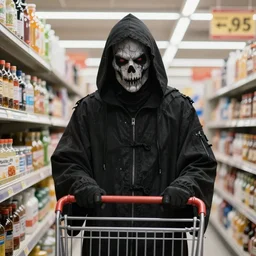 the grim reaper shopping at walmart, high quality photography