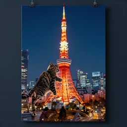 cat attacking Tokyo, Swiss design movie poster, masterpiece, masterwork, cgstudio