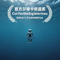 a photo of a a vast underwater with a tiny cyborg in the center. Cinematic post-processing. Award winning