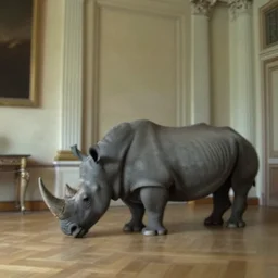 a rhinoceros in a neoclassical room, by mini dv camera, very low quality, heavy grain, blurry, caught on trail cam