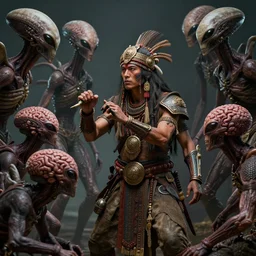 toltec dieselpunk shaman fighting with aliens brainsuckers, perfect faces, fine details, studio lighting, subtle shadows, art by katsuya terada, photorealism, hyper realism, octane render, hyper detailed, volumetric lighting, canon eos r 3, f / 1. 4, iso 2 0 0, 1 / 1 6 0 s, medium shot, 8 k, raw, unedited, in - frame,