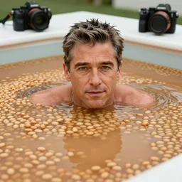 jeff goldblum emerging from a pool of baked beans ( sony a 7 r iv, symmetric balance, polarizing filter, photolab, lightroom, 4 k, dolby vision, photography awardm, voque, perfect face )