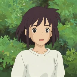Character portrait of a young woman in a lush park, cartoonish facial features, expressive eyes, highly detailed, cel shading, Studio Ghibli still, by Makoto Shinkai and Akihiko Yoshida
