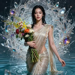 portrait of a beautiful woman wearing a sari dress, holding a bouquet of flowing flowers, drenched body, wet dripping hair, emerging from the water, fantasy, regal, fractal crystal, fractal gems, by stanley artgerm lau, greg rutkowski, thomas kindkade, alphonse mucha, loish, norman rockwell
