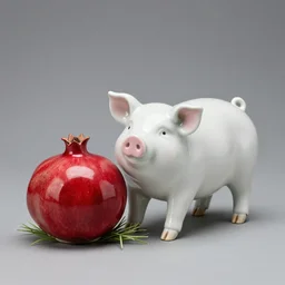 a porcelain sculpture of a pig and a pomegranate, photorealistic, red, white, light - pink, dark - pink, blades of grass, by bob eggleton, trending on artstation