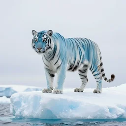 a tiger with light blue and white stripes, standing on the top of a iceberg