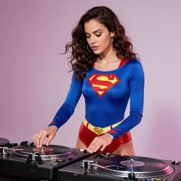a heroic woman wearing a blue super hero outfit playing on turntables