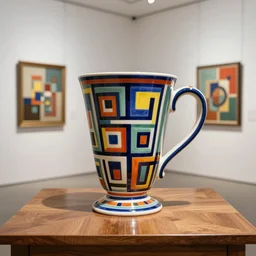 beautiful gallery show studio photograph of a tall colorful geometric symmetrical fancy giant stoneware coffee cup, glazed by paul klee and victor vasarely, placed on a polished wooden table, hyperrealism 8 k trending on artstation