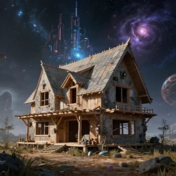 a beautiful photorealistic render of cottage unfinished building building by ron walotsky, cosmic universe steampunk postcyberpunk galactic liberty city assassin's creed dramatic lighting extraterrestial synthwave futuristic gem otherworldly, archdaily, wallpaper, highly detailed, trending on artstation.