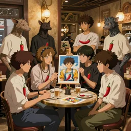 photorealistic anime by greg rutkowski italian cafe full of talking godlike artists showing off their art, masterpiece, award - winning, vfx, intricate animal people by hiyao miyazaki wearing chili peppers on their shirts, rim lighting