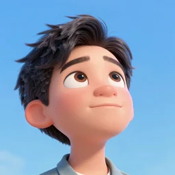 digital art of a man looking upwards, eyes wide in wonder, awestruck, in the style of pixar, up, character, white background