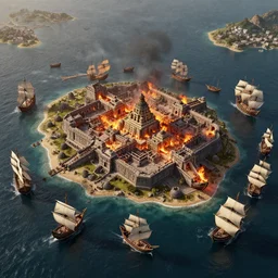 many 15th century ships surrounding a burning Aztec city located on an island, aerial view, high detail, by Craig Mullins, Peter Mohrbacher, unreal engine, octane rendered, 8K, dark beauty, trending on artstation
