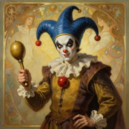 lunatic medieval jester holding maracas natural lighting, path traced, highly detailed, high quality, digital painting, by don bluth and ross tran and studio ghibli and alphonse mucha, artgerm